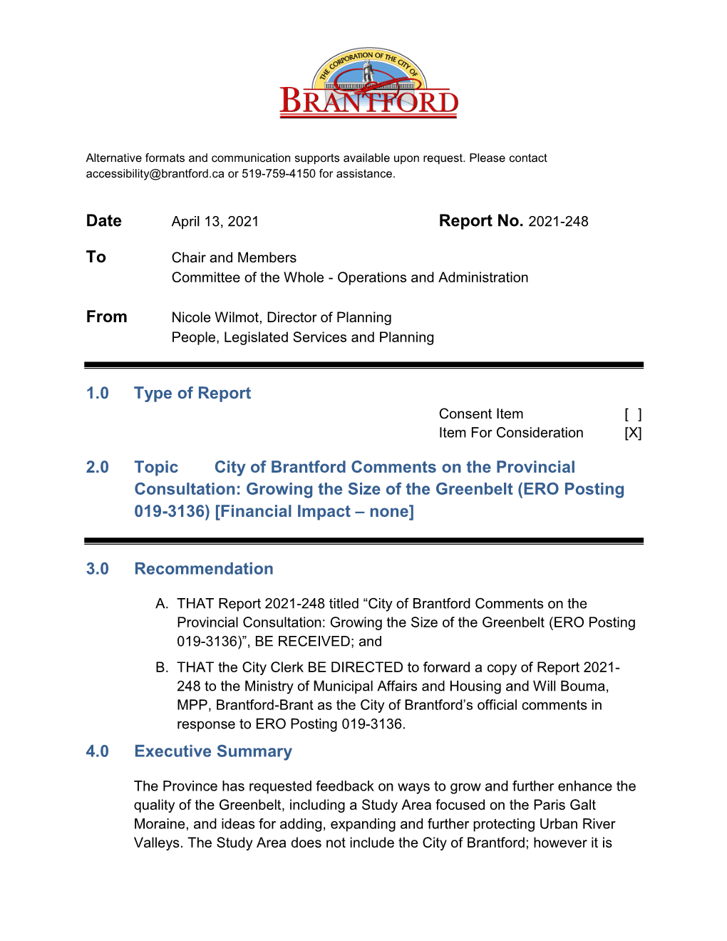 City of Brantford Comments on the Provincial Consultation: Growing the Size of the Greenbelt (ERO Posting 019-3136) [Financial Impact – None]