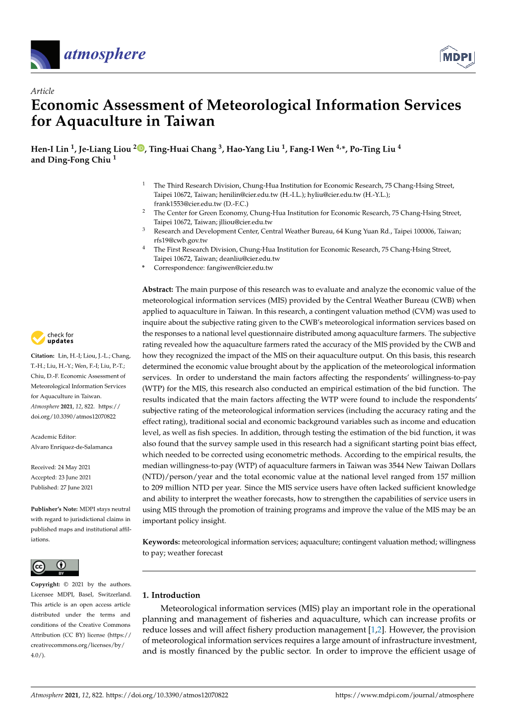 Economic Assessment of Meteorological Information Services for Aquaculture in Taiwan