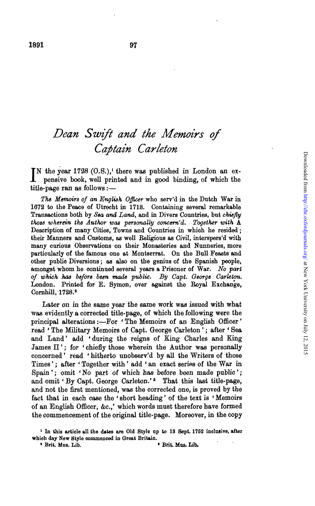 Dean Swift and the Memoirs of Captain Carleton