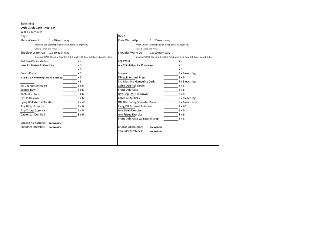 Swimming Cycle 3 July 11Th - Aug