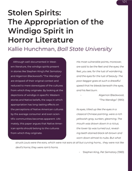 The Appropriation of the Windigo Spirit in Horror Literature Kallie Hunchman, Ball State University