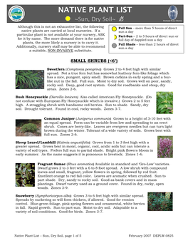 Native Plant List – Sun, Dry Soil, Page 1 of 5 February 2007 DEPLW-0825