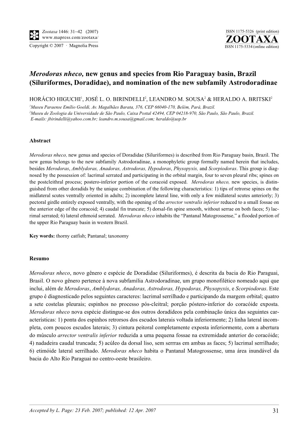 Zootaxa,Merodoras Nheco, New Genus and Species from Rio Paraguay