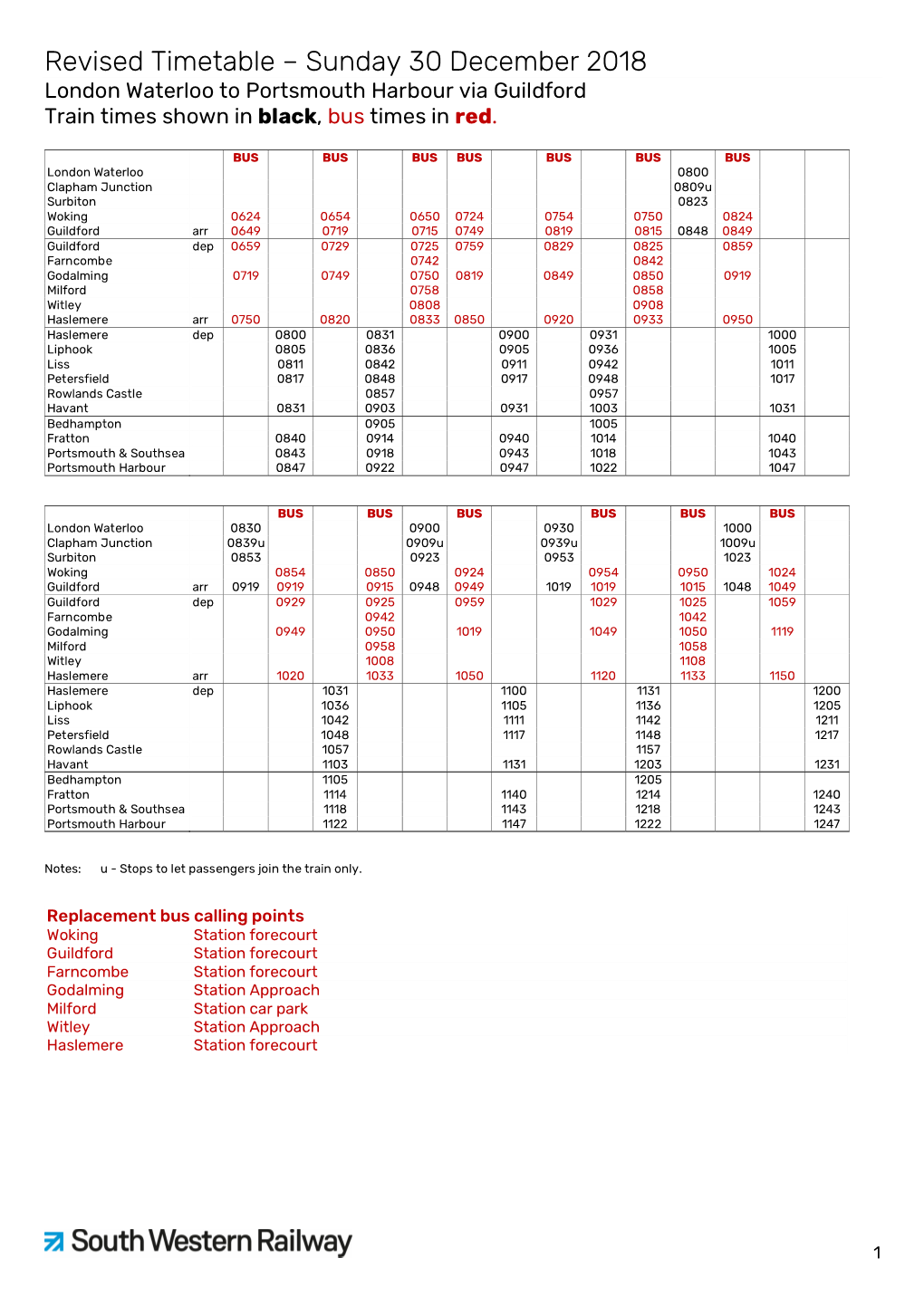 Revised Timetable – Sunday 30 December 2018 London Waterloo to Portsmouth Harbour Via Guildford Train Times Shown in Black, Bus Times in Red