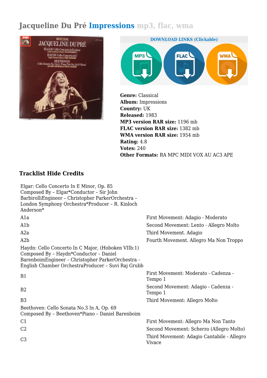 Jacqueline Du Pré Impressions Mp3, Flac, Wma