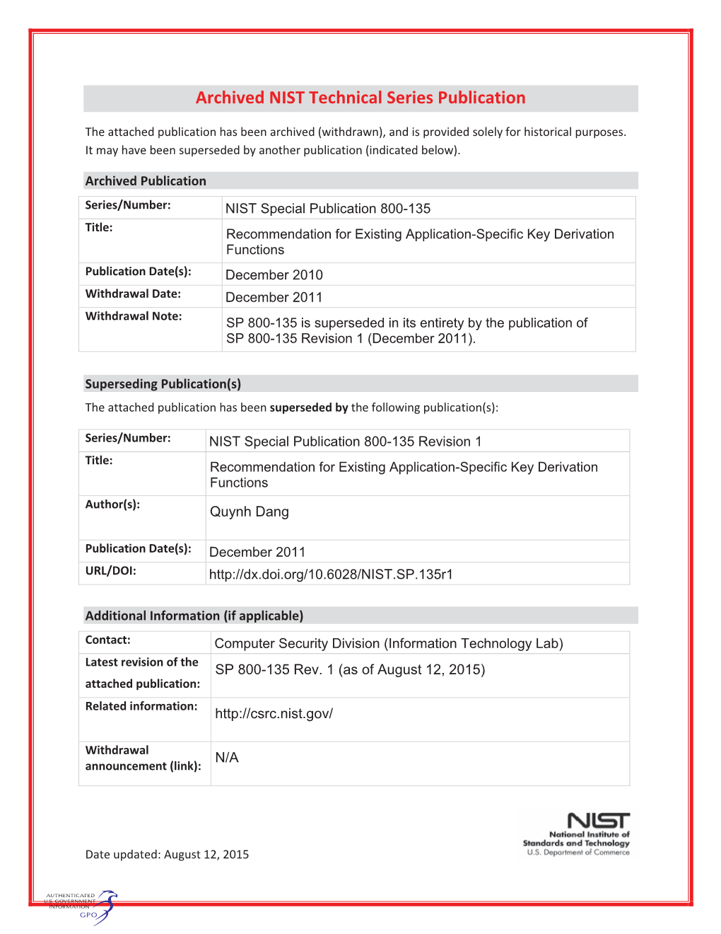 Recommendation for Existing Application-Specific Key Derivation Functions