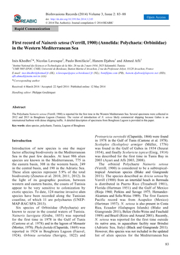 First Record of Naineris Setosa (Verrill, 1900) (Annelida: Polychaeta: Orbiniidae) in the Western Mediterranean Sea