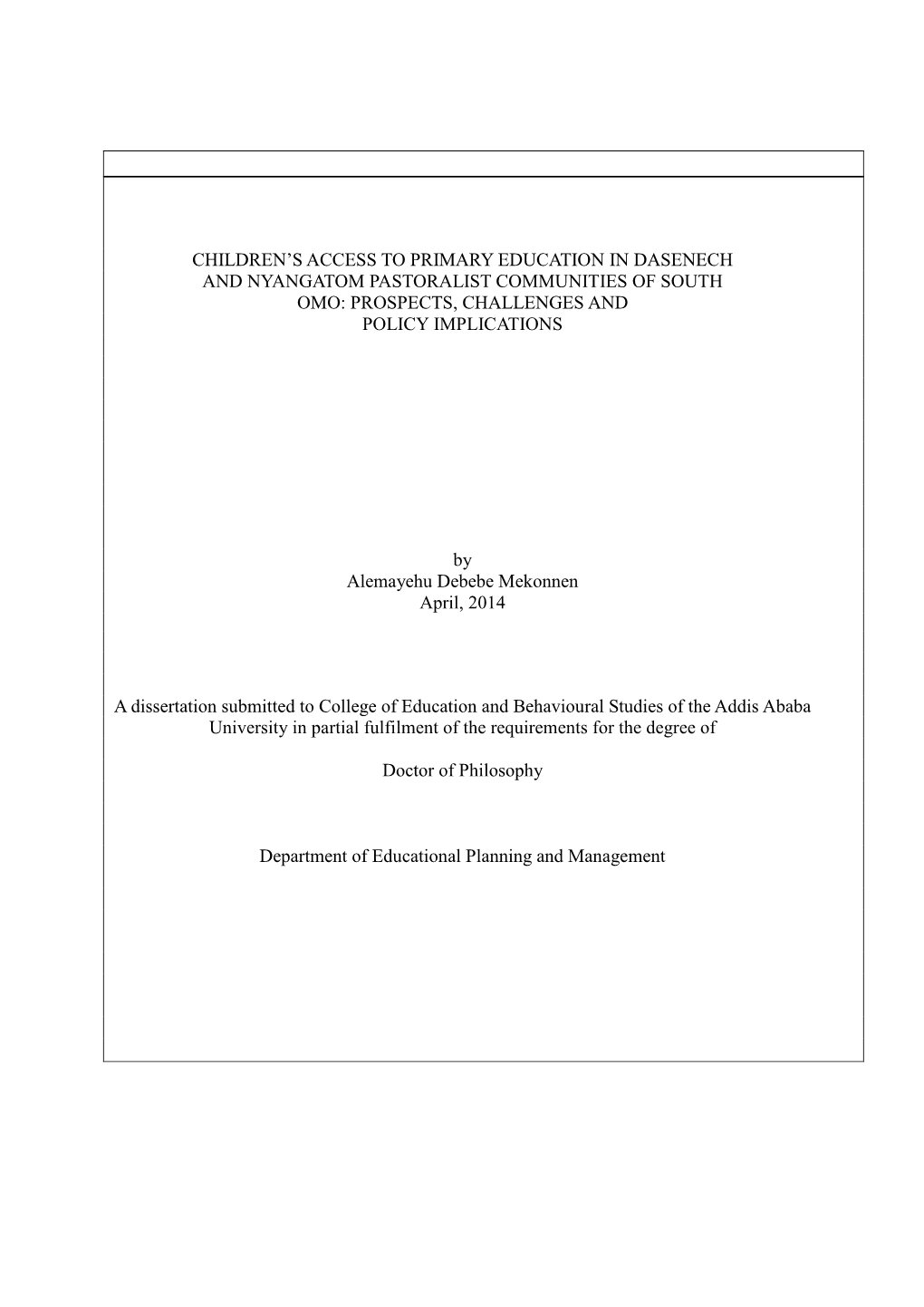 Children's Access to Primary Education in Dasenech and Nyangatom Pastoralist Communities of South