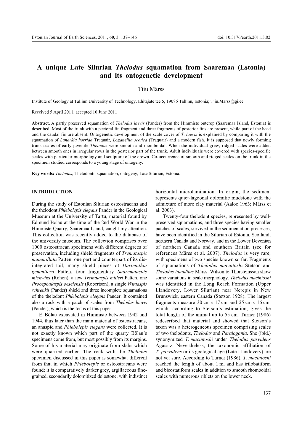 A Unique Late Silurian Thelodus Squamation from Saaremaa (Estonia) and Its Ontogenetic Development