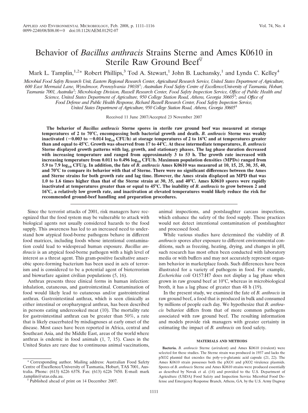 Behavior of Bacillus Anthracis Strains Sterne and Ames K0610 in Sterile Raw Ground Beefᰔ Mark L