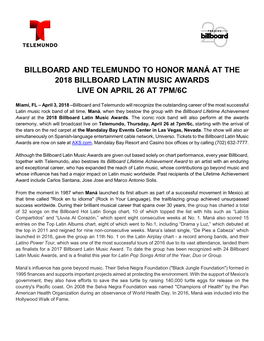 Billboard and Telemundo to Honor Maná at the 2018 Billboard Latin Music Awards Live on April 26 at 7Pm/6C
