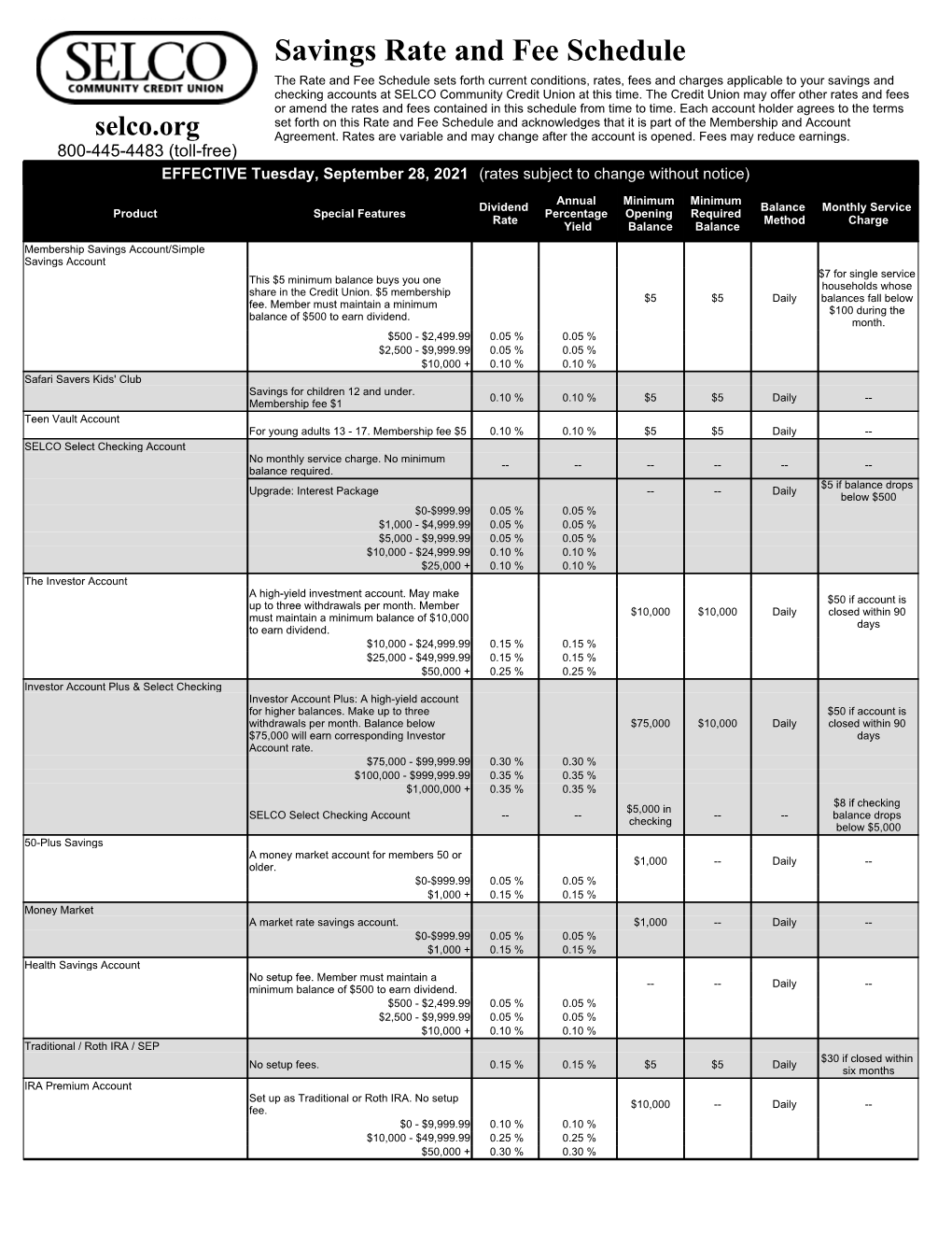 Savings Rate and Fee Schedule