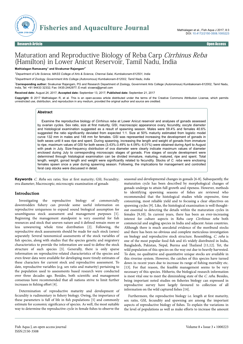 Maturation and Reproductive Biology of Reba