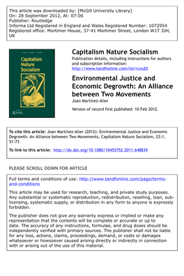 Environmental Justice and Economic Degrowth: an Alliance Between Two Movements Joan Martínez-Alier Version of Record First Published: 10 Feb 2012