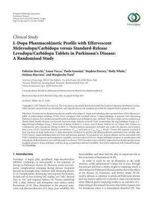 L-Dopa Pharmacokinetic Profile with Effervescent Melevodopa/Carbidopa Versus Standard-Release Levodopa/Carbidopa Tablets in Parkinson’S Disease: a Randomised Study