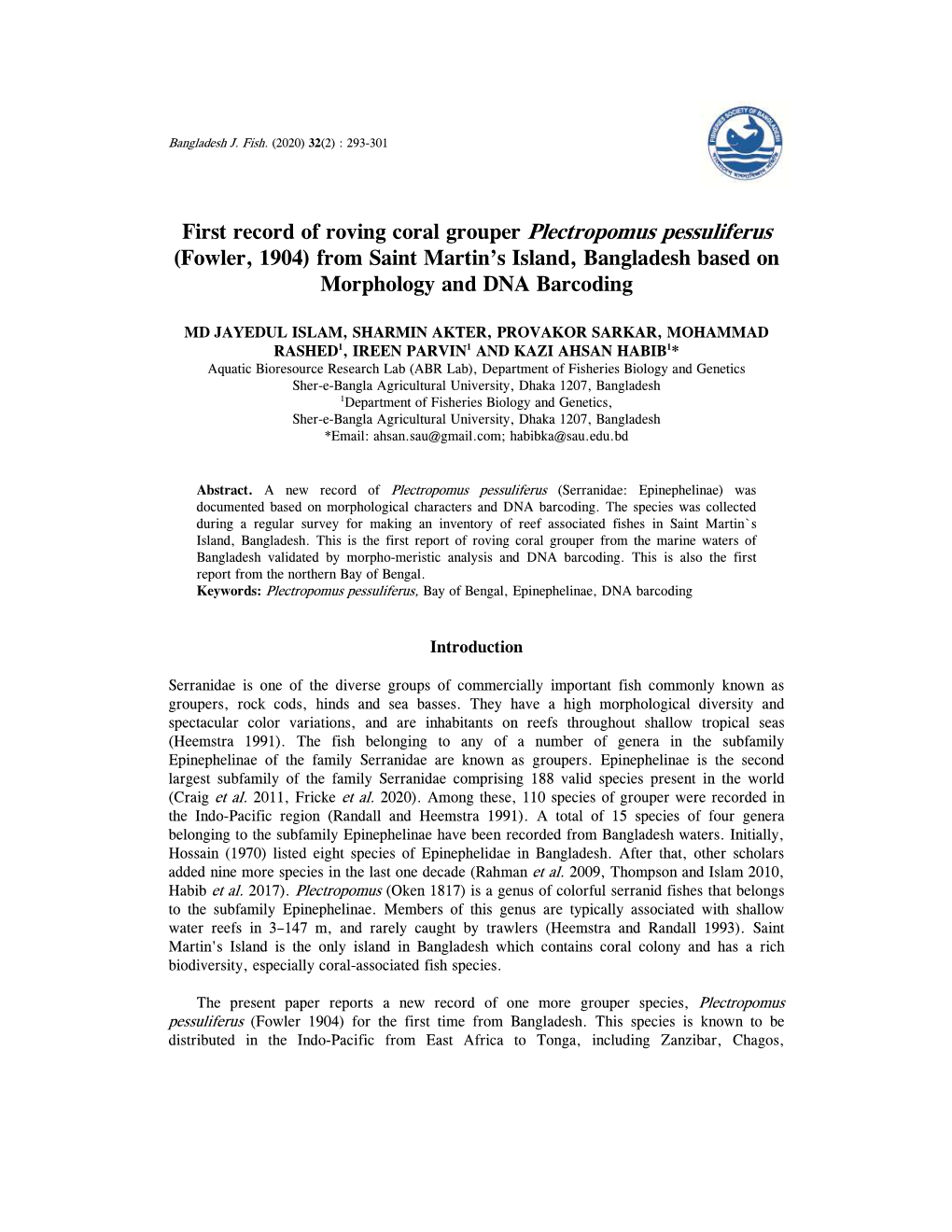 First Record of Roving Coral Grouper Plectropomus Pessuliferus (Fowler, 1904) from Saint Martin’S Island, Bangladesh Based on Morphology and DNA Barcoding