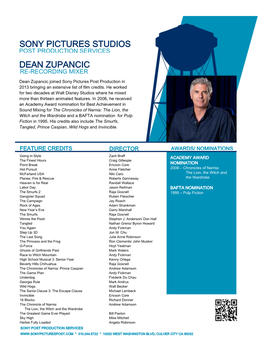 Sony Pictures Studios Dean Zupancic
