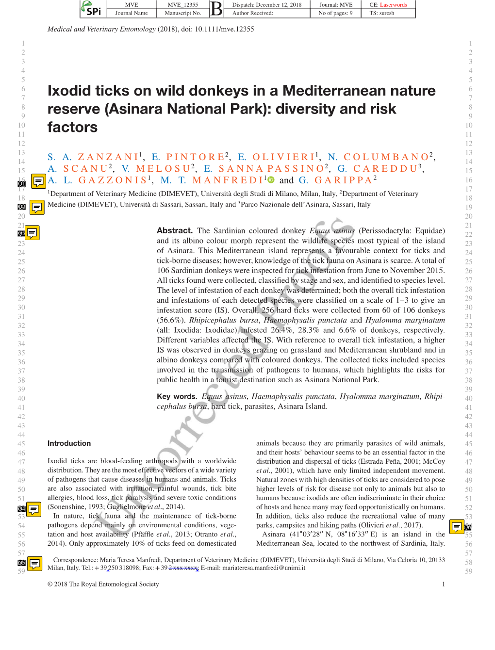 Ixodid Ticks on Wild Donkeys in a Mediterranean Nature Reserve