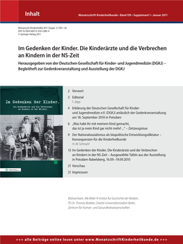 Inhalt I M Gedenken Der Kinder. Die Kinderärzte Und Die Verbrechen an Kindern in Der NS-Zeit