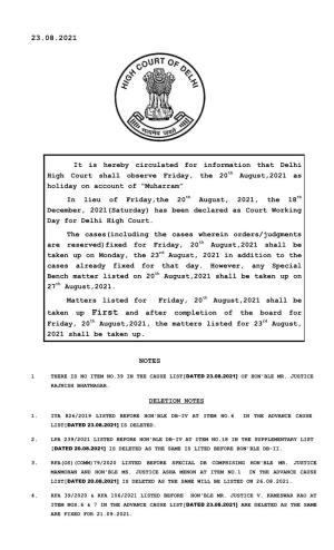 NOTES It Is Hereby Circulated for Information That Delhi High Court