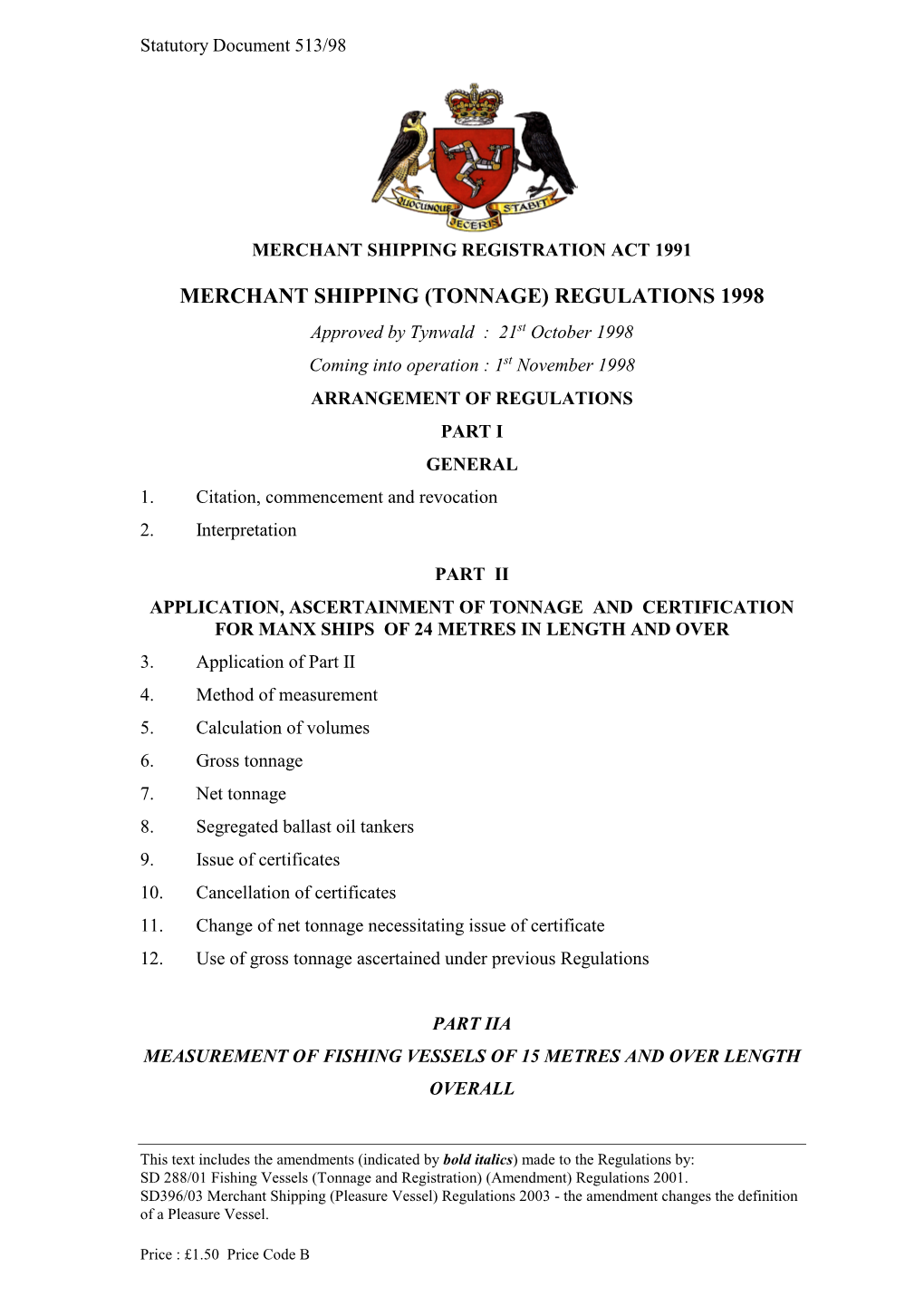 Merchant Shipping (Tonnage) Regulations 1998