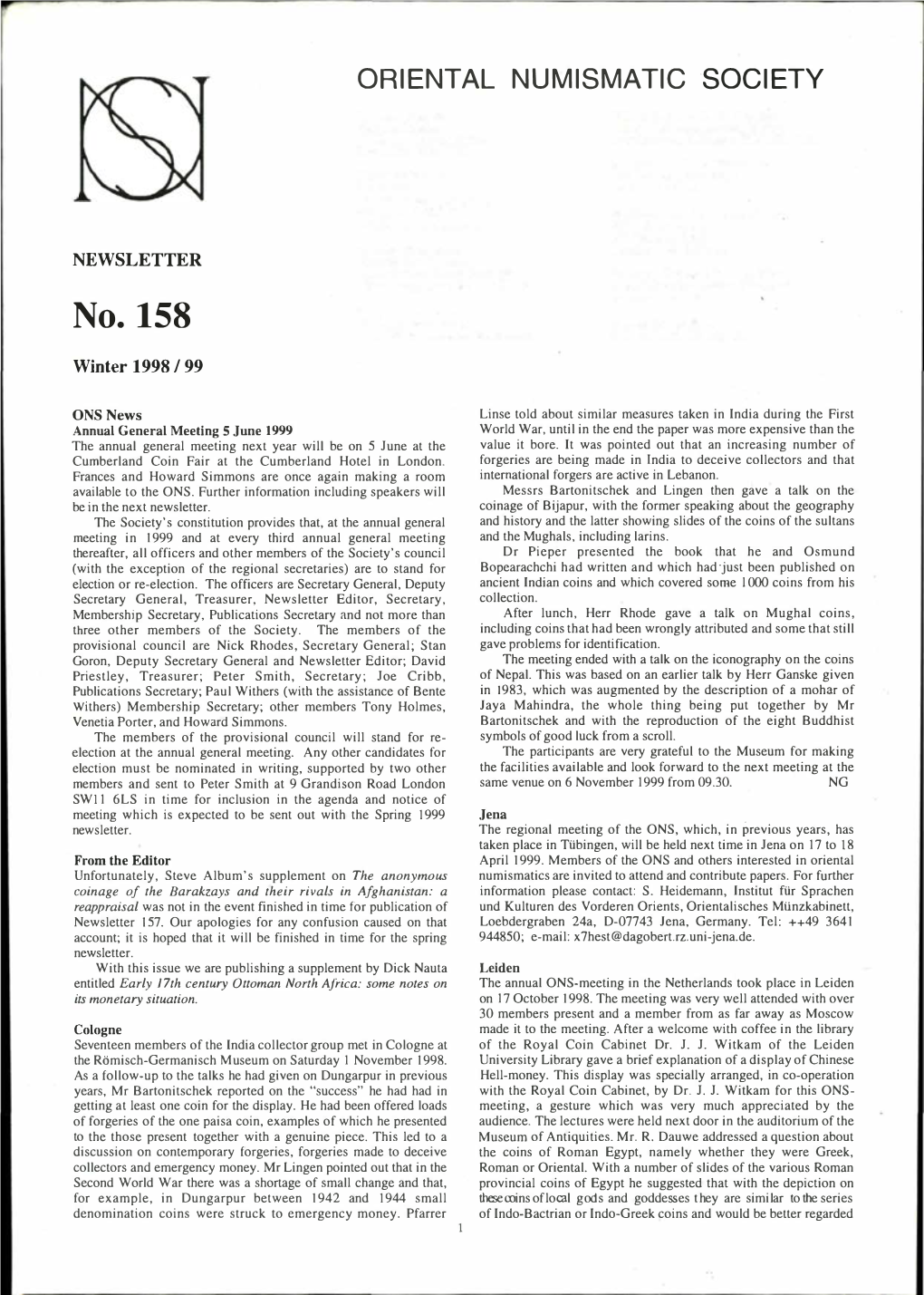 Newsletter No. 158 Winter 1998/99 Early 17Th Century Ottoman North Africa