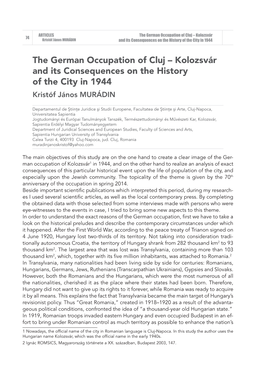 The German Occupation of Cluj – Kolozsvár and Its Consequences on the History of the City in 1944 Kristóf János MURÁDIN