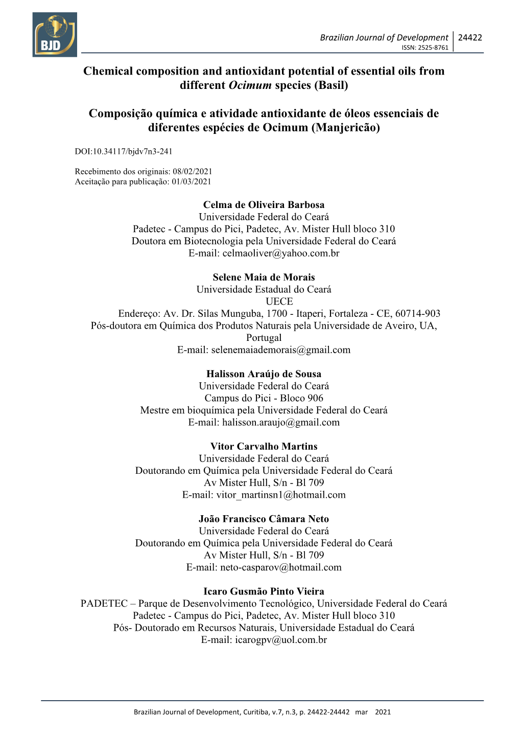 Chemical Composition and Antioxidant Potential of Essential Oils from Different Ocimum Species (Basil)