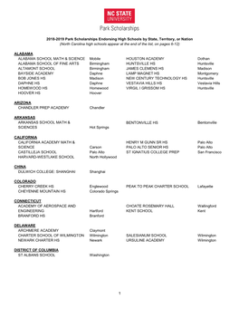 1 2018-2019 Park Scholarships Endorsing High Schools by State, Territory, Or Nation (North Carolina High Schools Appear at the E