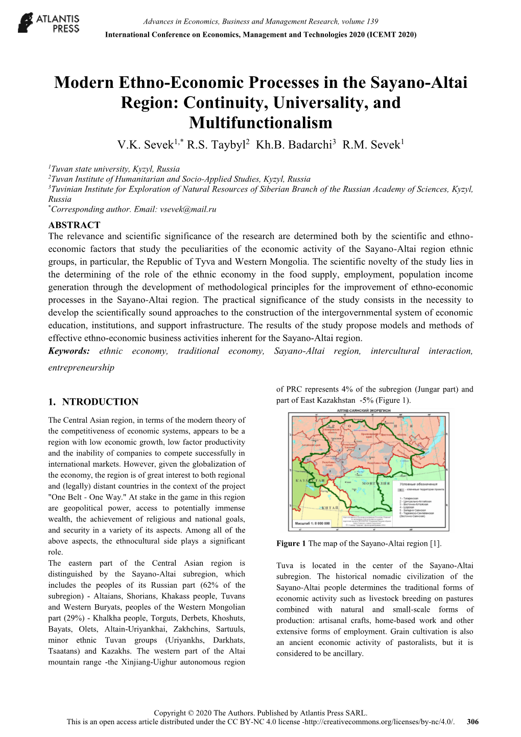 Modern Ethno-Economic Processes in the Sayano-Altai Region: Continuity, Universality, and Multifunctionalism V.K