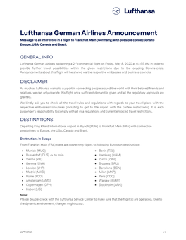 Lufthansa German Airlines Announcement Message to All Interested in a Flight to Frankfurt Main (Germany) with Possible Connections to Europe, USA, Canada and Brazil