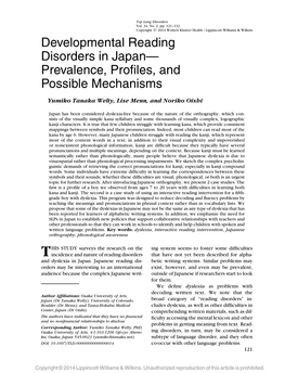 Developmental Reading Disorders in Japan— Prevalence, Proﬁles, and Possible Mechanisms