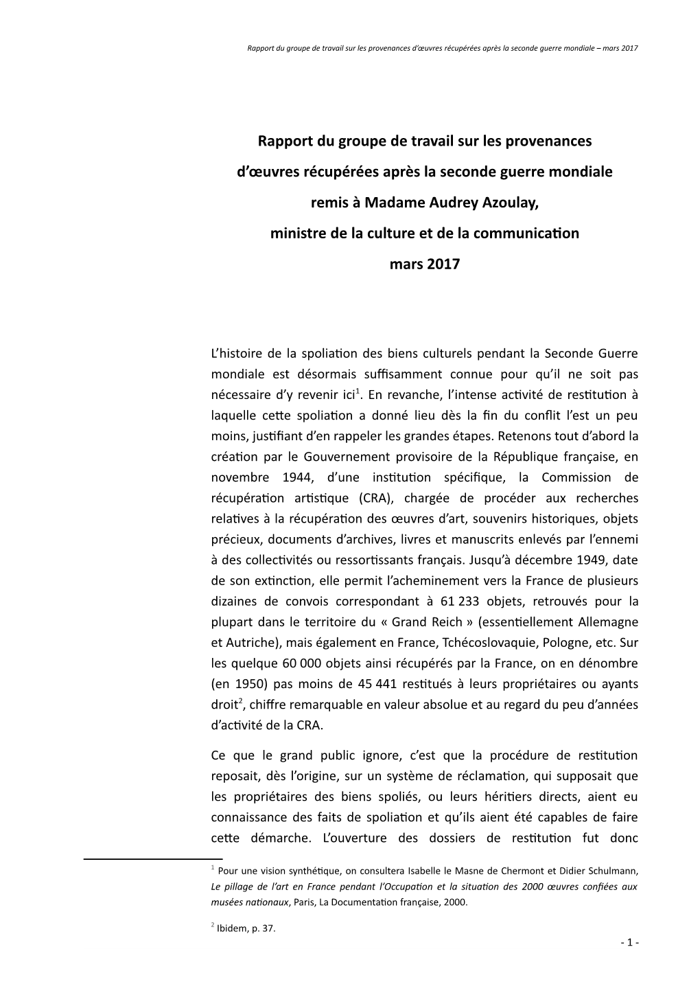 Rapport D'étape Des Travaux Du Groupe De Travail Sur Les