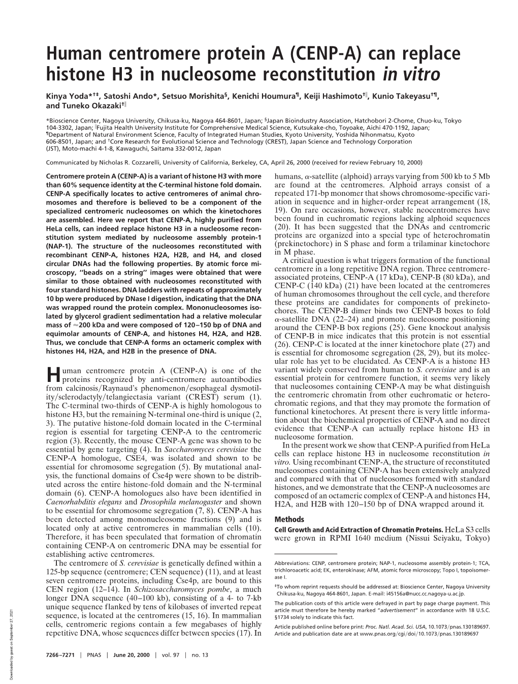 (CENP-A) Can Replace Histone H3 in Nucleosome Reconstitution in Vitro