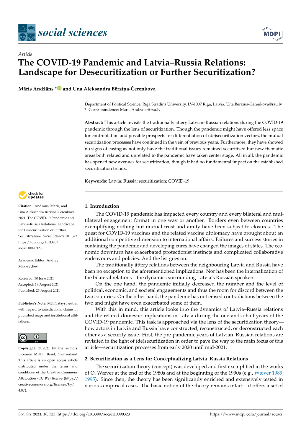 The COVID-19 Pandemic and Latvia–Russia Relations: Landscape for Desecuritization Or Further Securitization?