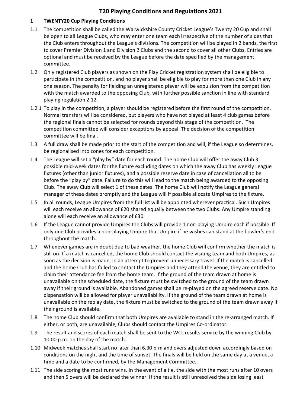 T20 Playing Conditions and Regulations 2021