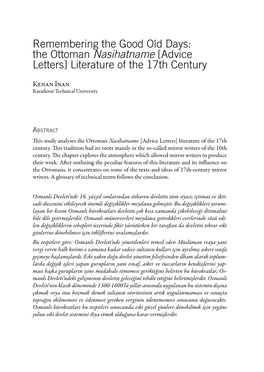 The Ottoman Nasihatname [Advice Letters] Literature of the 17Th Century