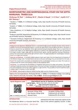 MORPHOMETRIC and MORPHOLOGICAL STUDY on the SEPTO- MARGINAL TRABECULA Shrikanya M Shet *1, Kuldeep M D 2, Sheela G Nayak 3, V S Pare 4, Jyothi S R 5 , M P Shenoy 6