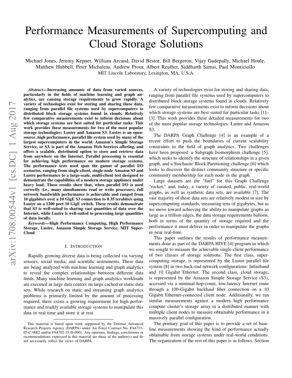 Performance Measurements of Supercomputing and Cloud Storage Solutions