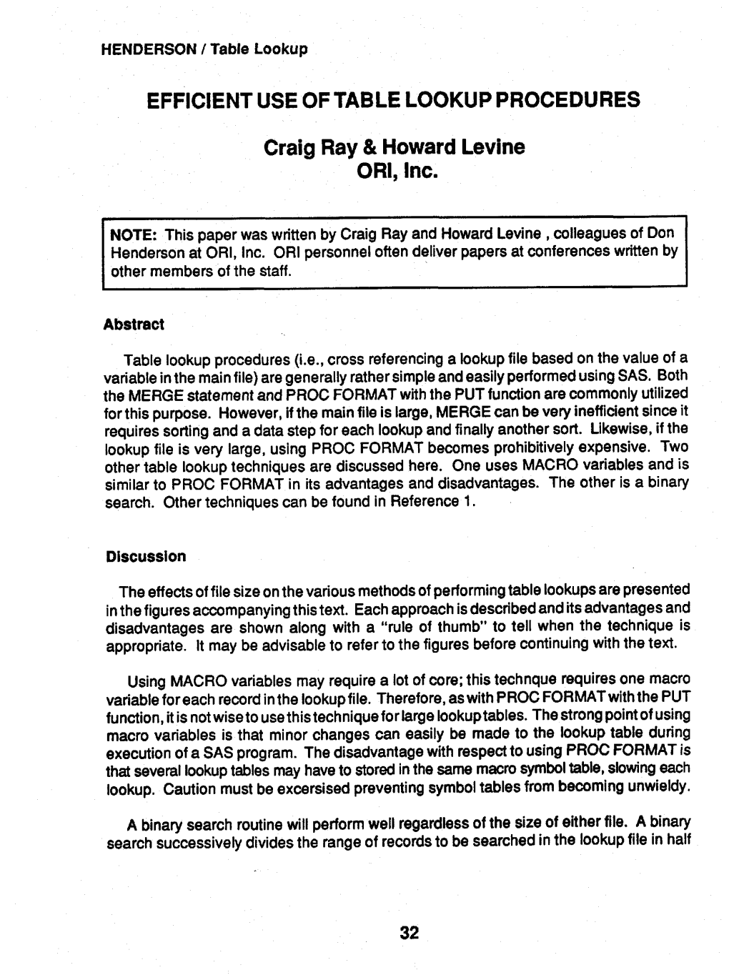 EFFICIENT USE of TABLE LOOKUP PROCEDURES Craig Ray & Howard Levine ORI, Inc