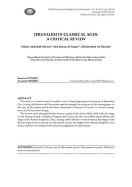 Jerusalem in Classical Ages: a Critical Review