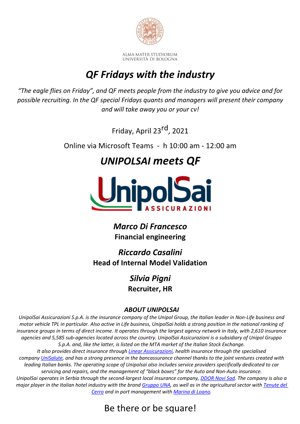 QF Fridays with the Industry UNIPOLSAI Meets QF