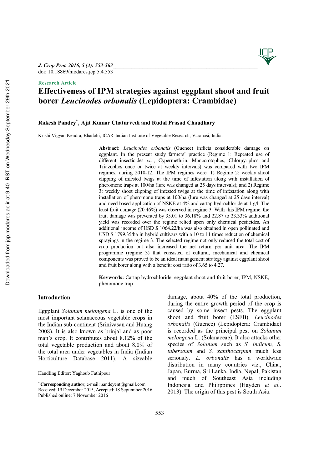 Effectiveness of IPM Strategies Against Eggplant Shoot and Fruit Borer Leucinodes Orbonalis (Lepidoptera: Crambidae)
