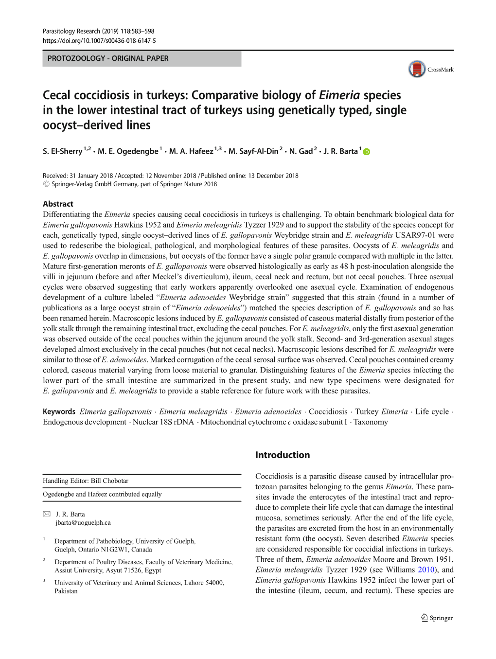 Cecal Coccidiosis in Turkeys: Comparative Biology of Eimeria Species in the Lower Intestinal Tract of Turkeys Using Genetically Typed, Single Oocyst–Derived Lines