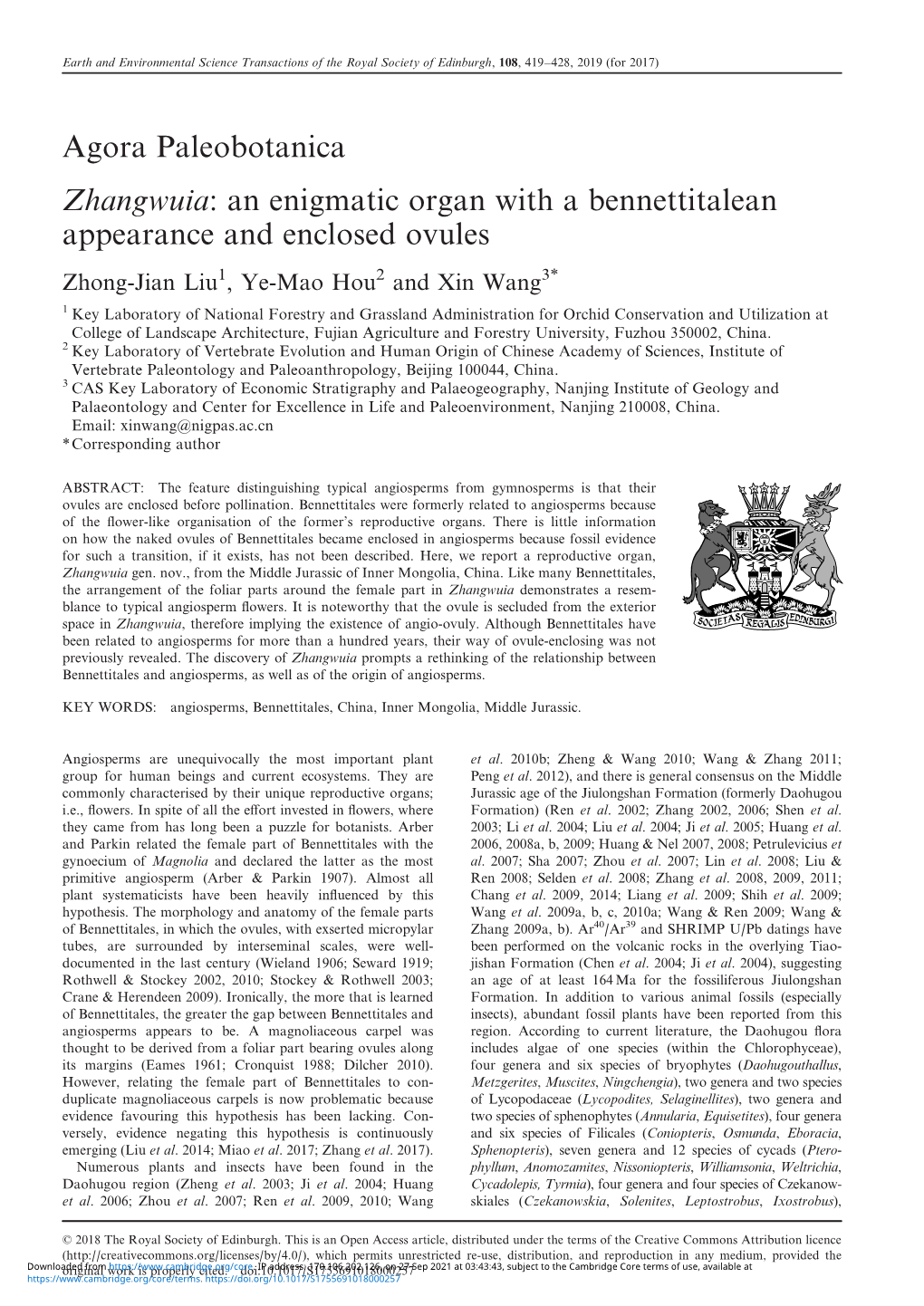 Agora Paleobotanica Zhangwuia: an Enigmatic Organ with a Bennettitalean Appearance and Enclosed Ovules