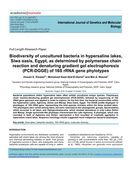 Biodiversity of Uncultured Bacteria in Hypersaline Lakes, Siwa Oasis