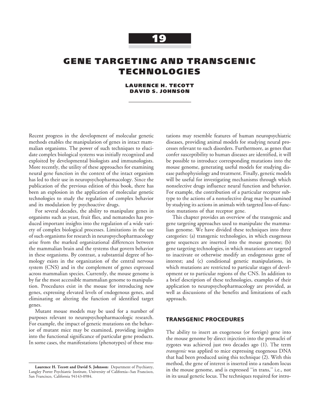 Chapter 19: Gene Targeting and Transgenic Technologies