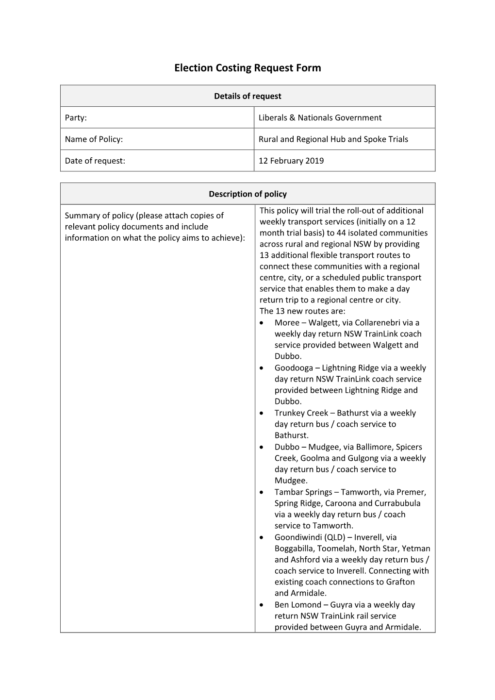 Election Costing Request Form