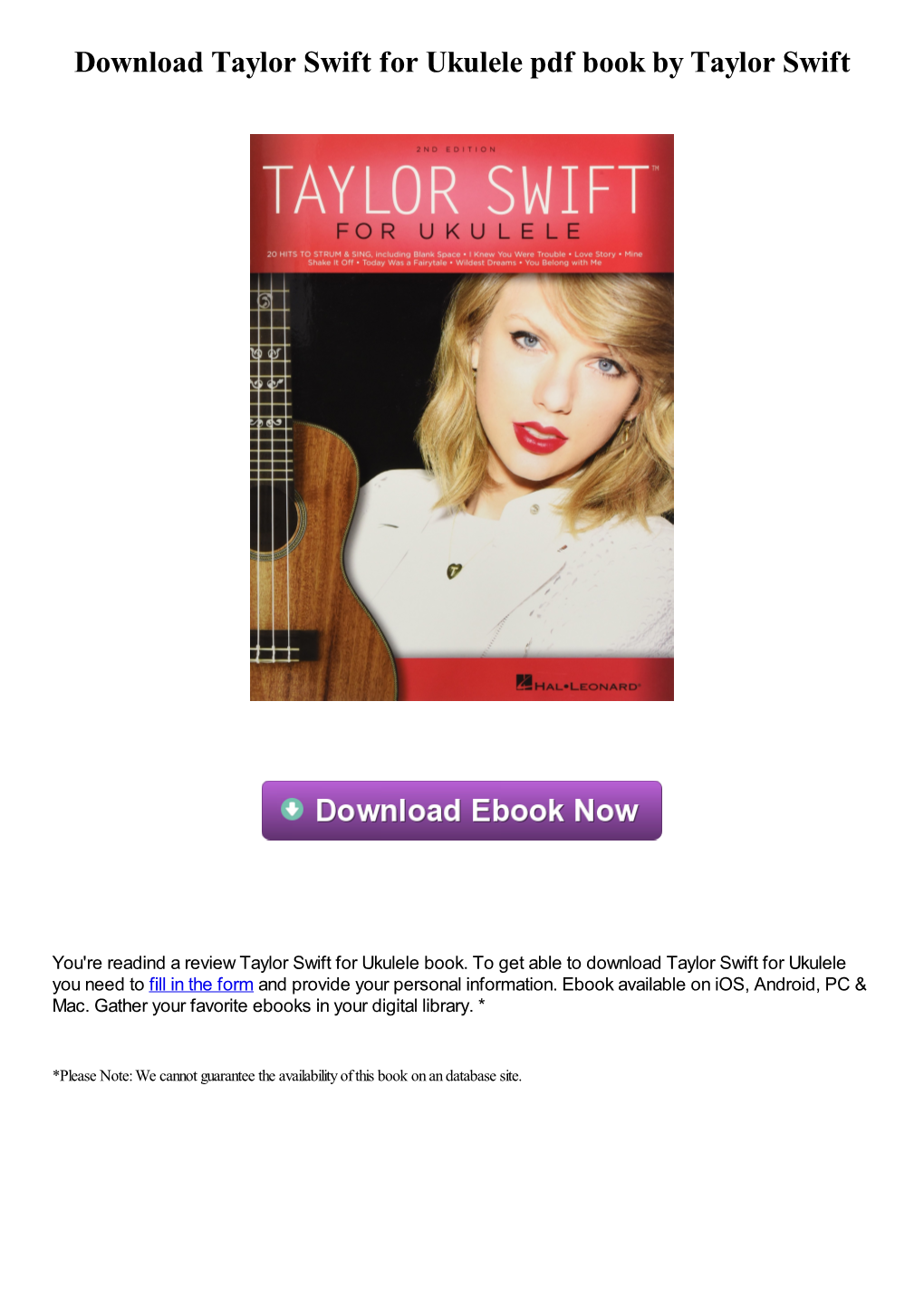 Taylor Swift for Ukulele Pdf Book by Taylor Swift