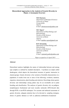 1 Hierarchical Approaches to the Analysis of Genetic Diversity